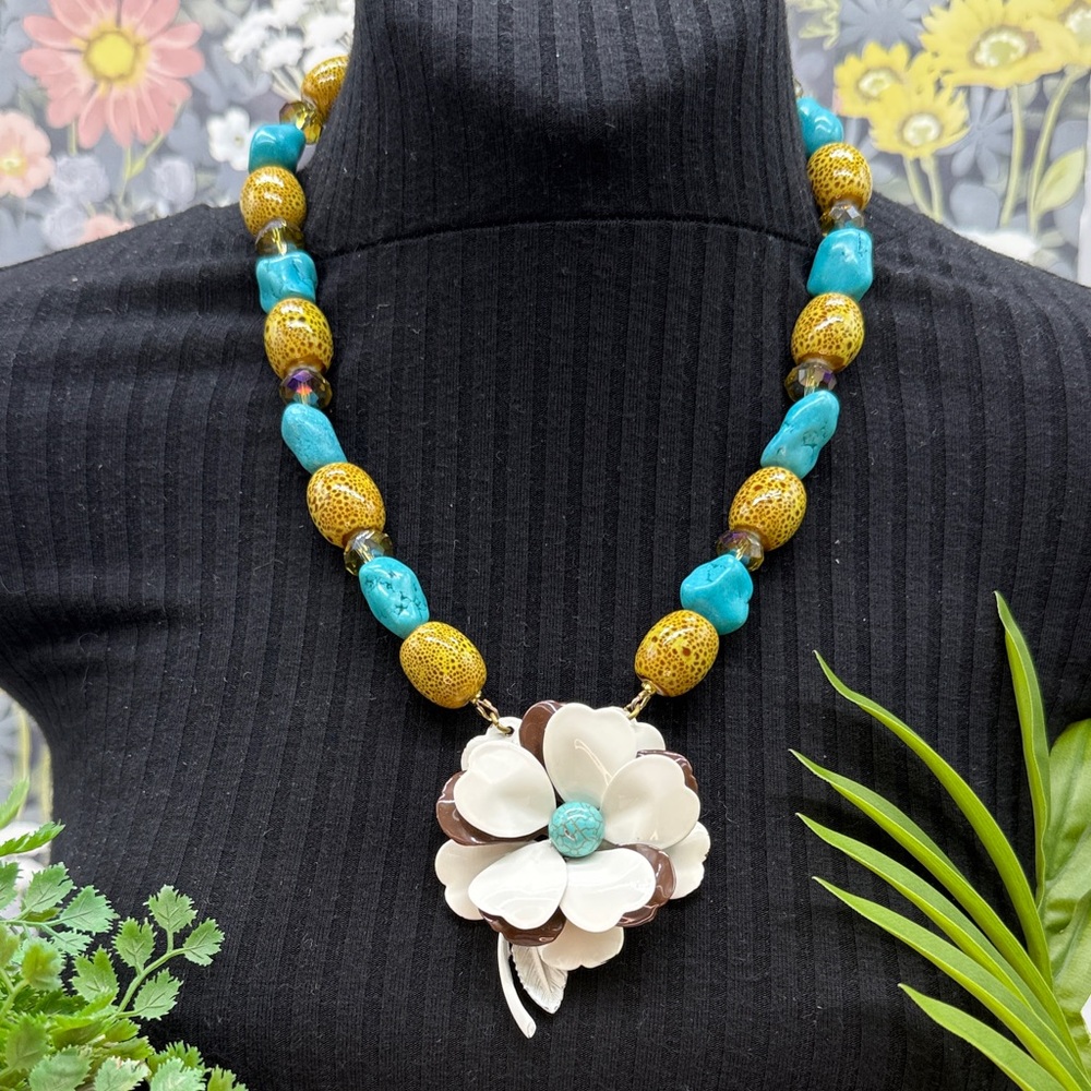 ⭐️Adorned Crown Jewelry assemblage turquoise flower necklace